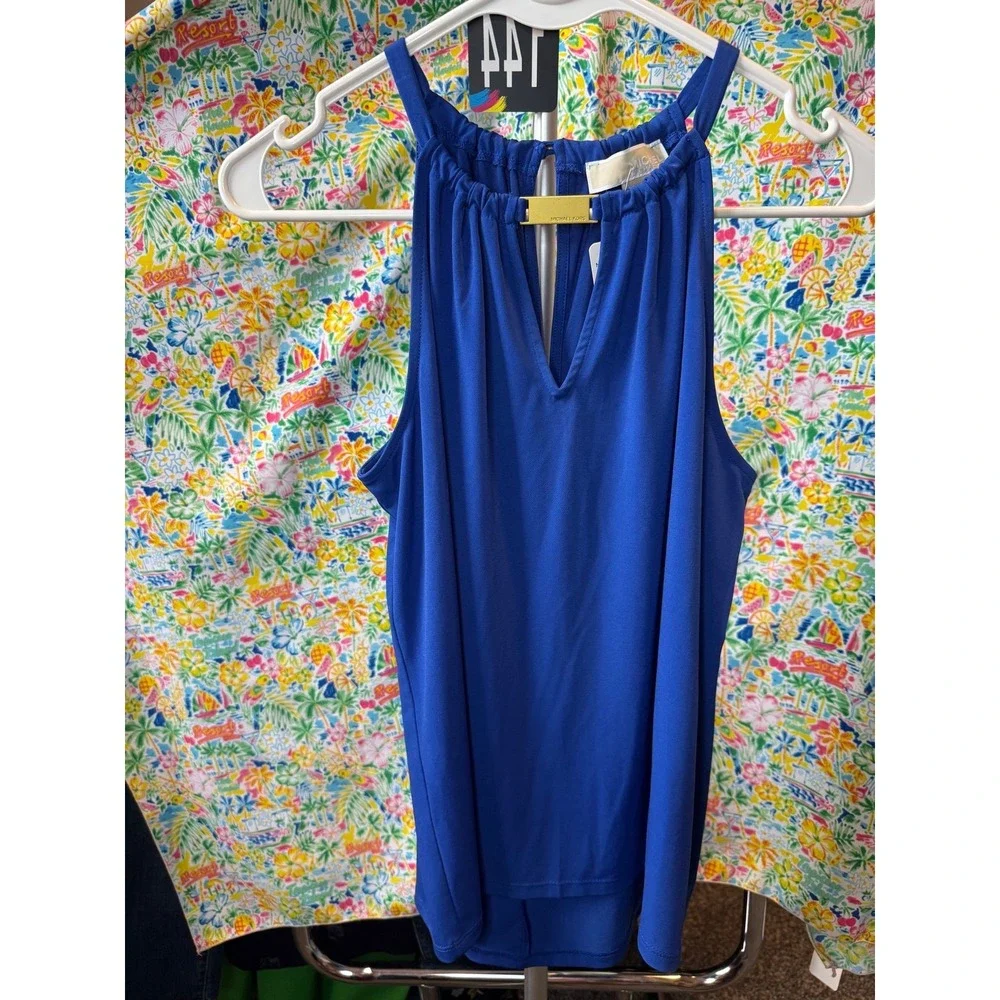 144 MK Michael Kors Royal Blue Halter Neck Blouse Gold Hardware Small